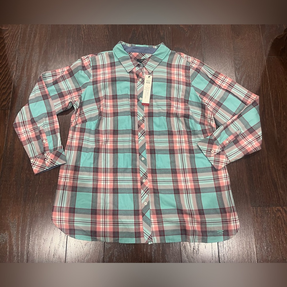 Talbots Women Plaid Size 1X Layer Shirt Long Sleeve Blue Pink Top NEW